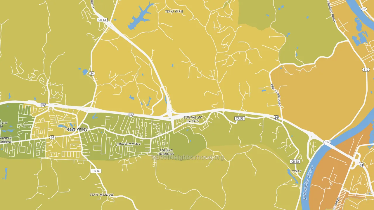 Map of the best neighborhoods in the Scott Depot area, with better matches in green and worse matches in red