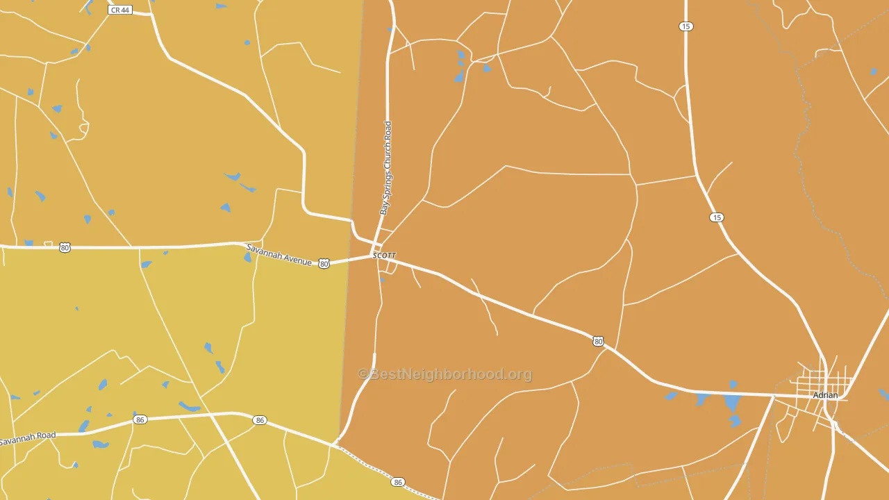 Map of the best neighborhoods in the Scott area, with better matches in green and worse matches in red