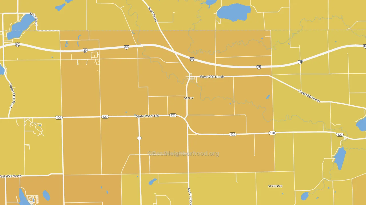 Map of the best neighborhoods in the Scott area, with better matches in green and worse matches in red