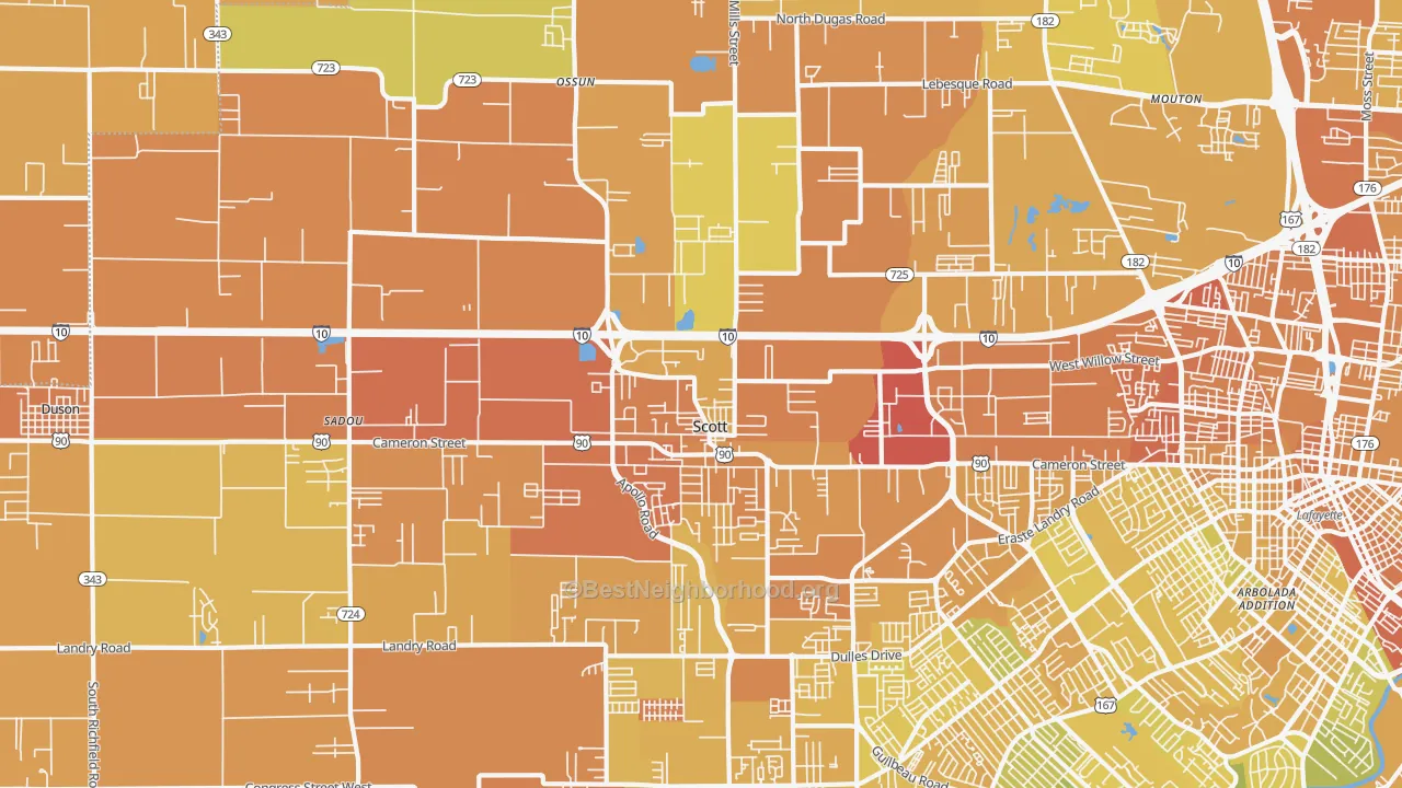 Map of the best neighborhoods in the Scott area, with better matches in green and worse matches in red