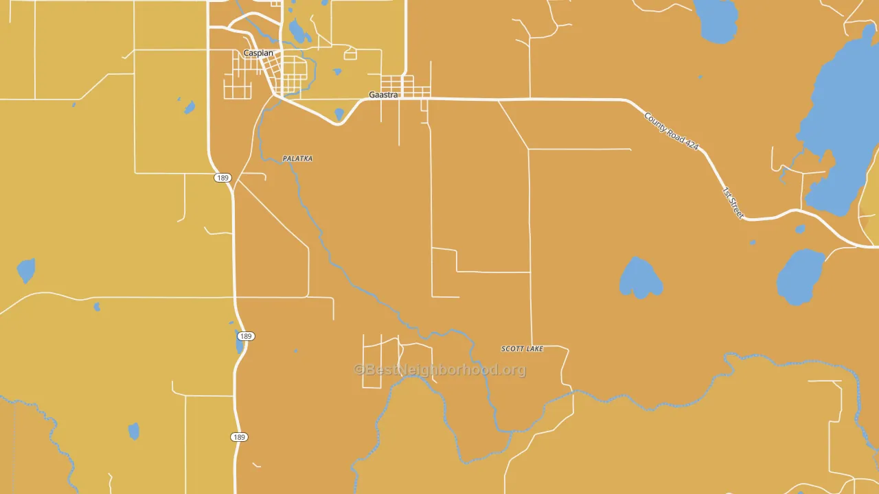 Map of the best neighborhoods in the Scott Lake area, with better matches in green and worse matches in red