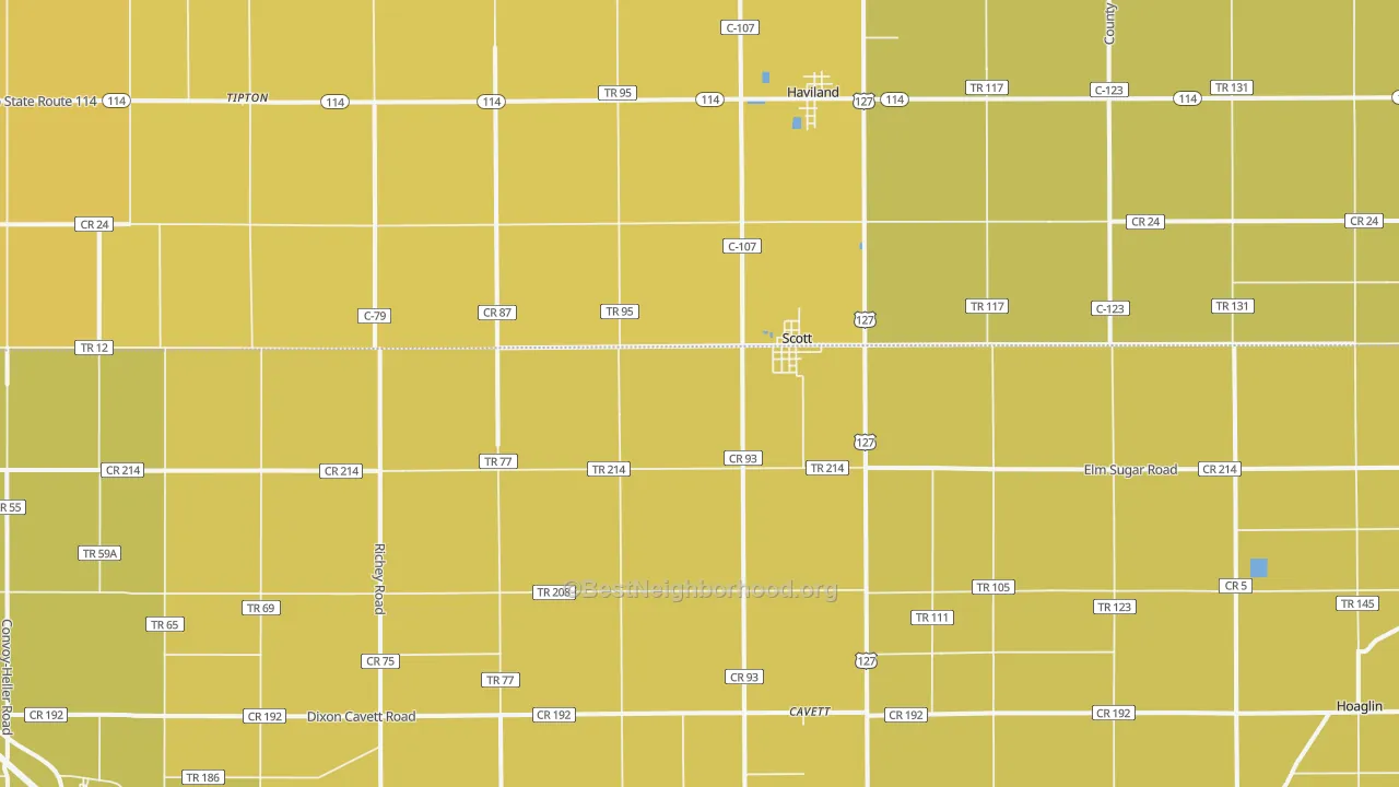Map of the best neighborhoods in the Scott area, with better matches in green and worse matches in red