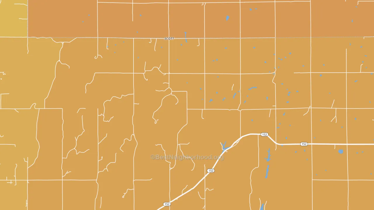 Map of the best neighborhoods in the Scott area, with better matches in green and worse matches in red