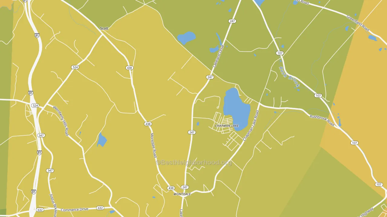 Map of the best neighborhoods in the Scott area, with better matches in green and worse matches in red