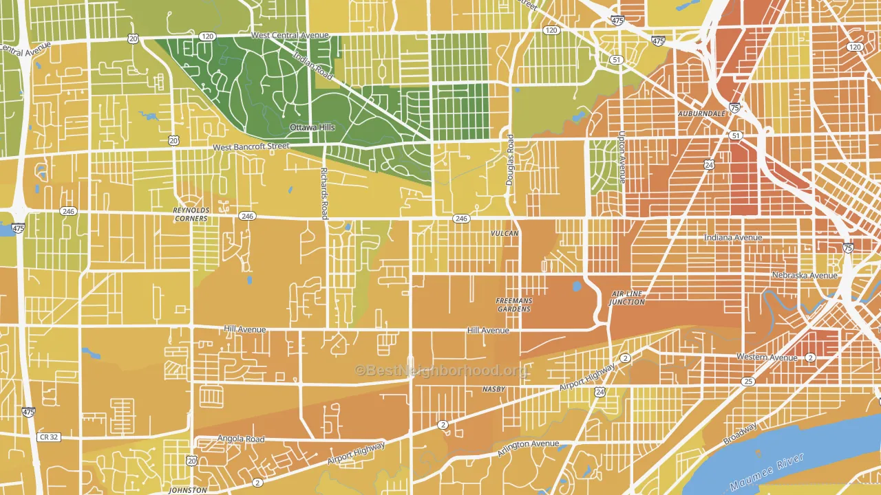 Map of the best neighborhoods in the Scott Park, Toledo area, with better matches in green and worse matches in red