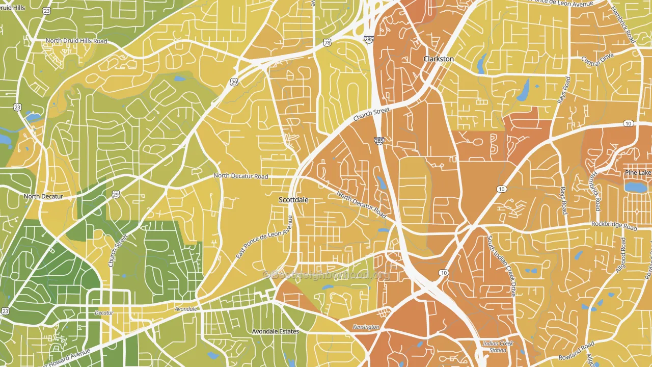 Map of the best neighborhoods in the Scottdale area, with better matches in green and worse matches in red