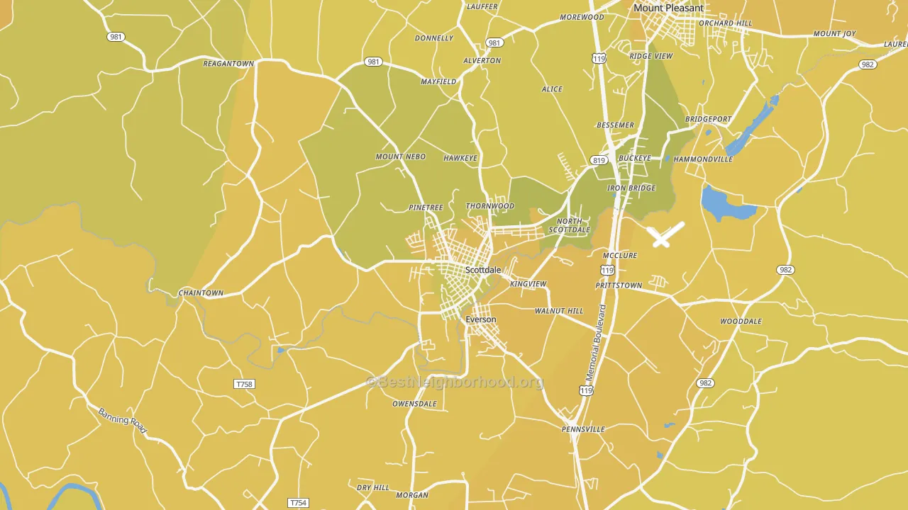 Map of the best neighborhoods in the Scottdale area, with better matches in green and worse matches in red