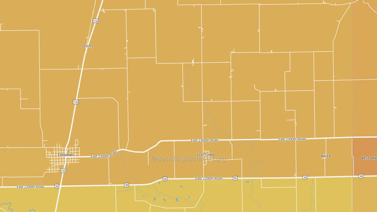 Map of the best neighborhoods in the Scottland area, with better matches in green and worse matches in red