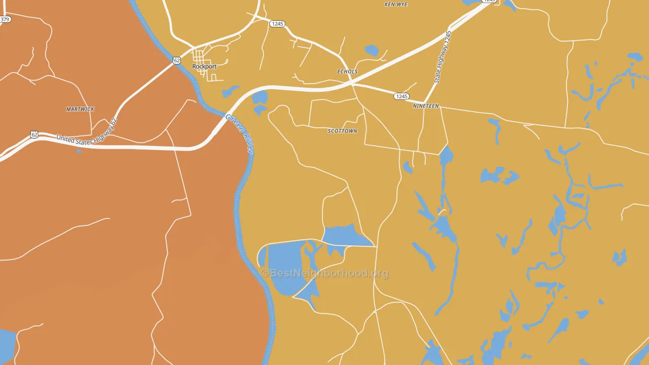 Map of the best neighborhoods in the Scottown area, with better matches in green and worse matches in red