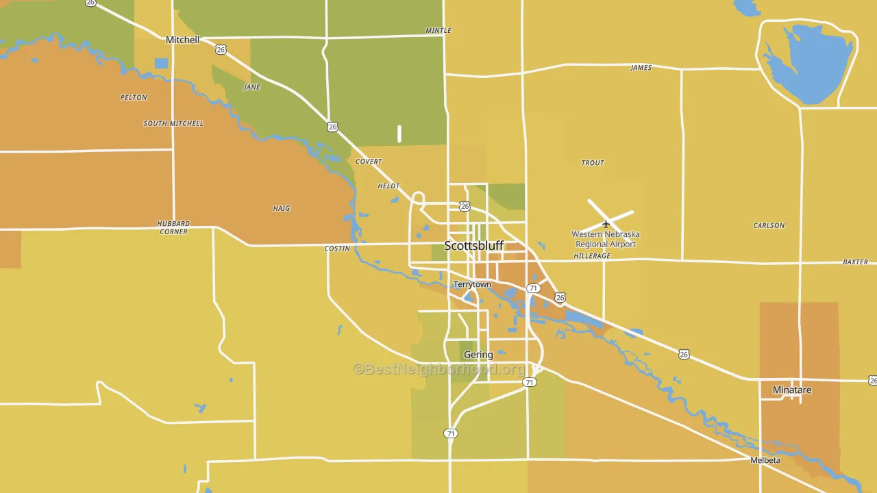 Map of the best neighborhoods in the Scotts Bluff County area, with better matches in green and worse matches in red