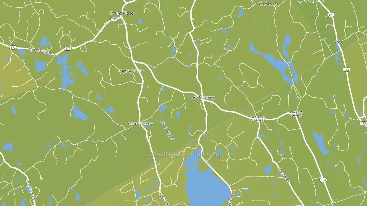 Map of the best neighborhoods in the Scotts Corners area, with better matches in green and worse matches in red