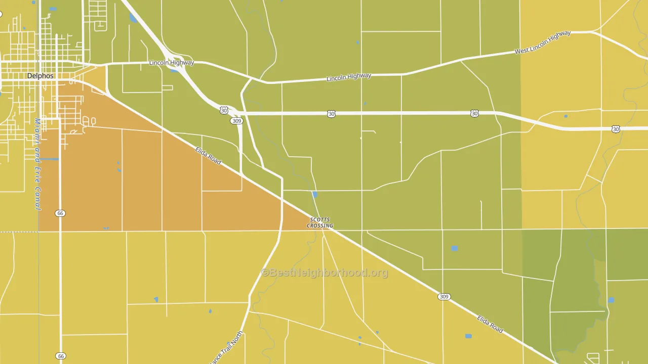 Map of the best neighborhoods in the Scotts Crossing area, with better matches in green and worse matches in red