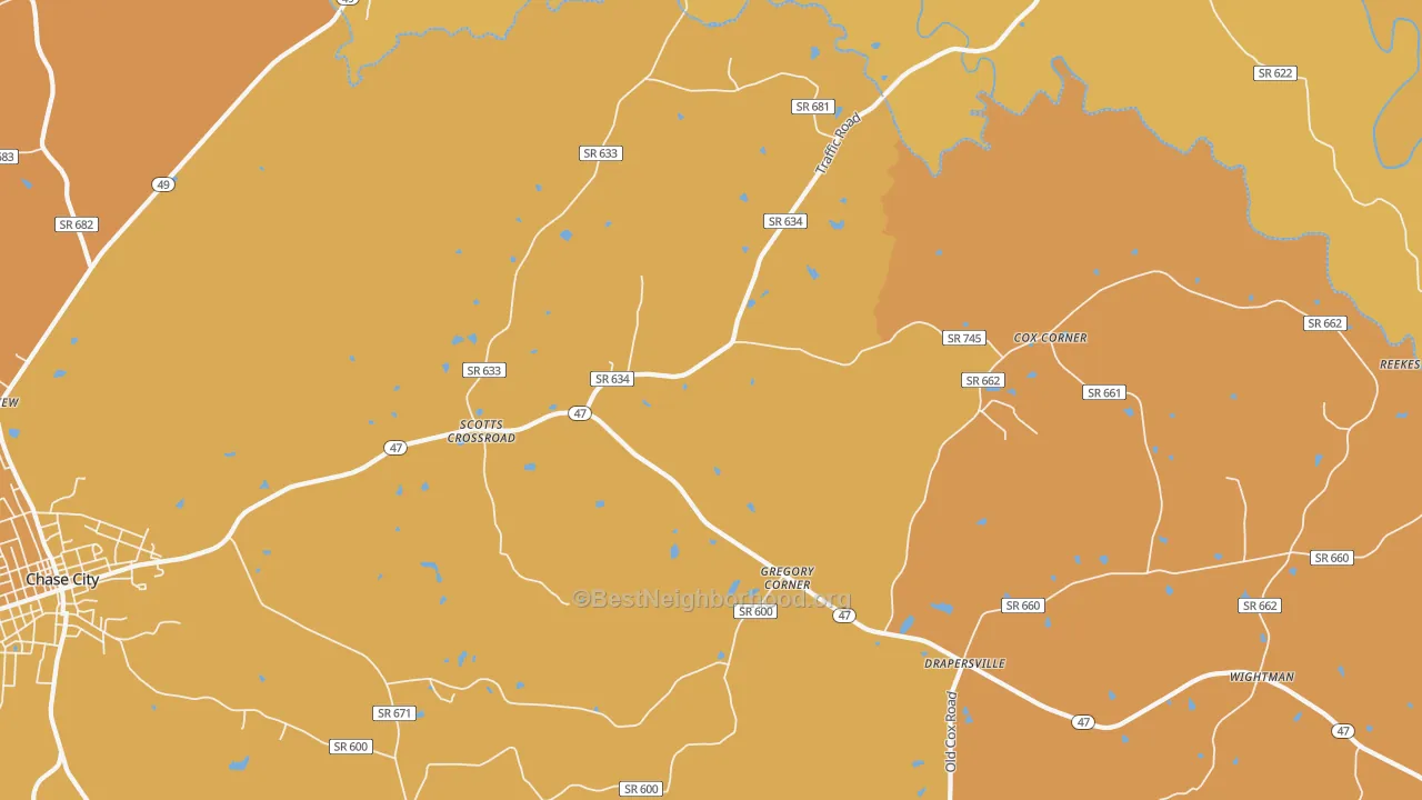 Map of the best neighborhoods in the Scotts Crossroad area, with better matches in green and worse matches in red