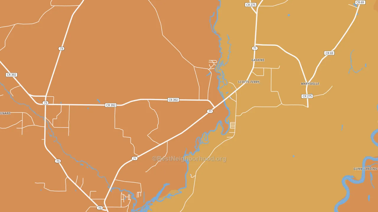 Map of the best neighborhoods in the Scotts Ferry area, with better matches in green and worse matches in red
