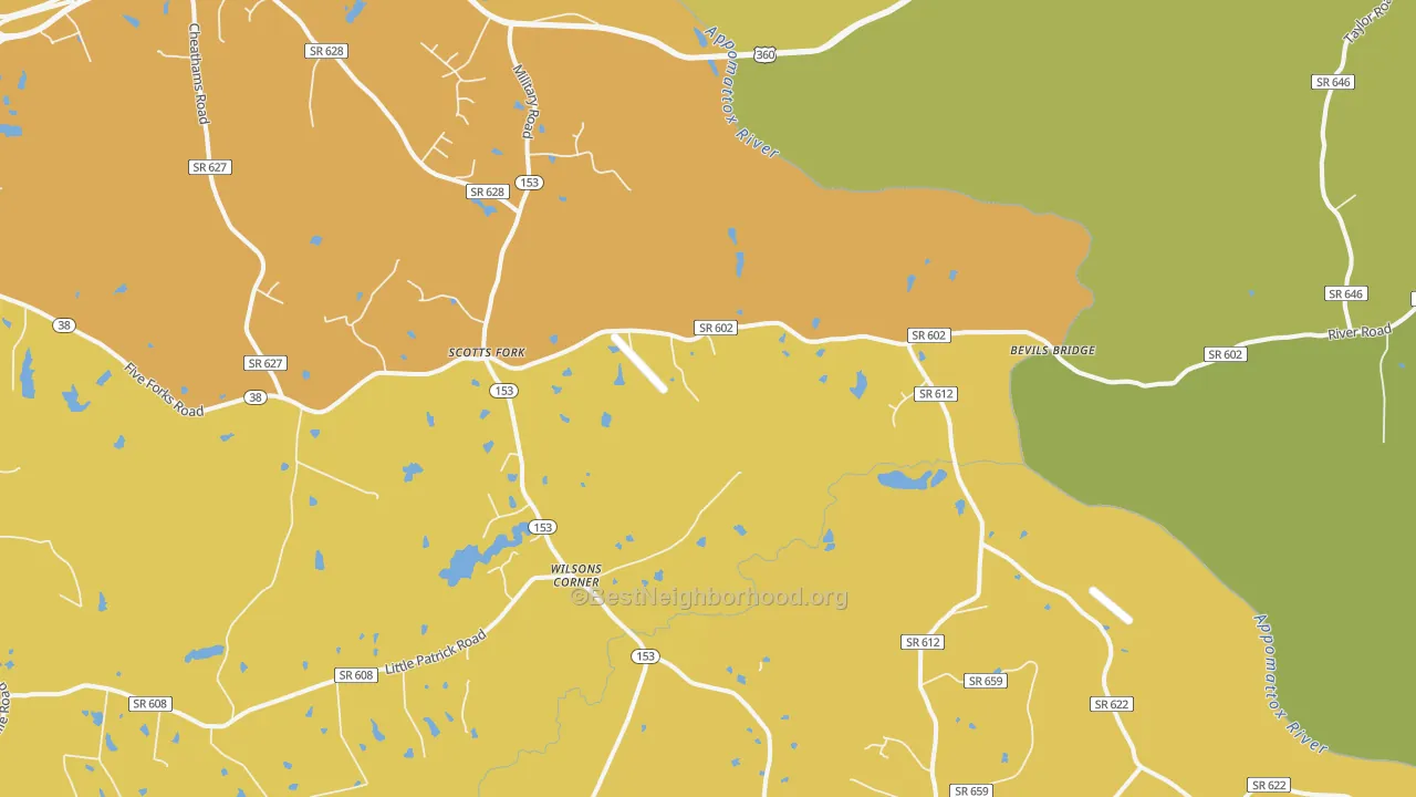 Map of the best neighborhoods in the Scotts Fork area, with better matches in green and worse matches in red