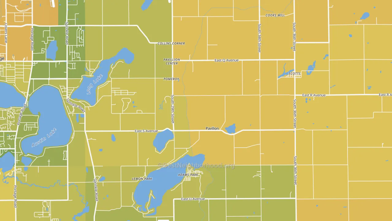 Map of the best neighborhoods in the Scotts area, with better matches in green and worse matches in red