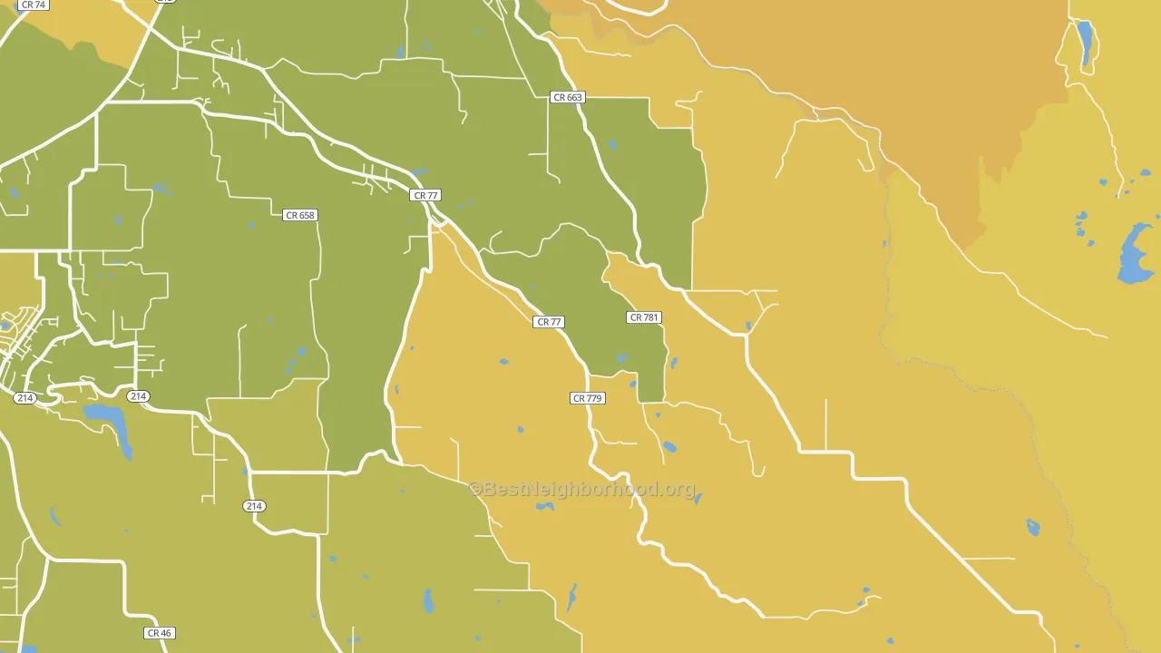 Map of the best neighborhoods in the Scotts Mills area, with better matches in green and worse matches in red
