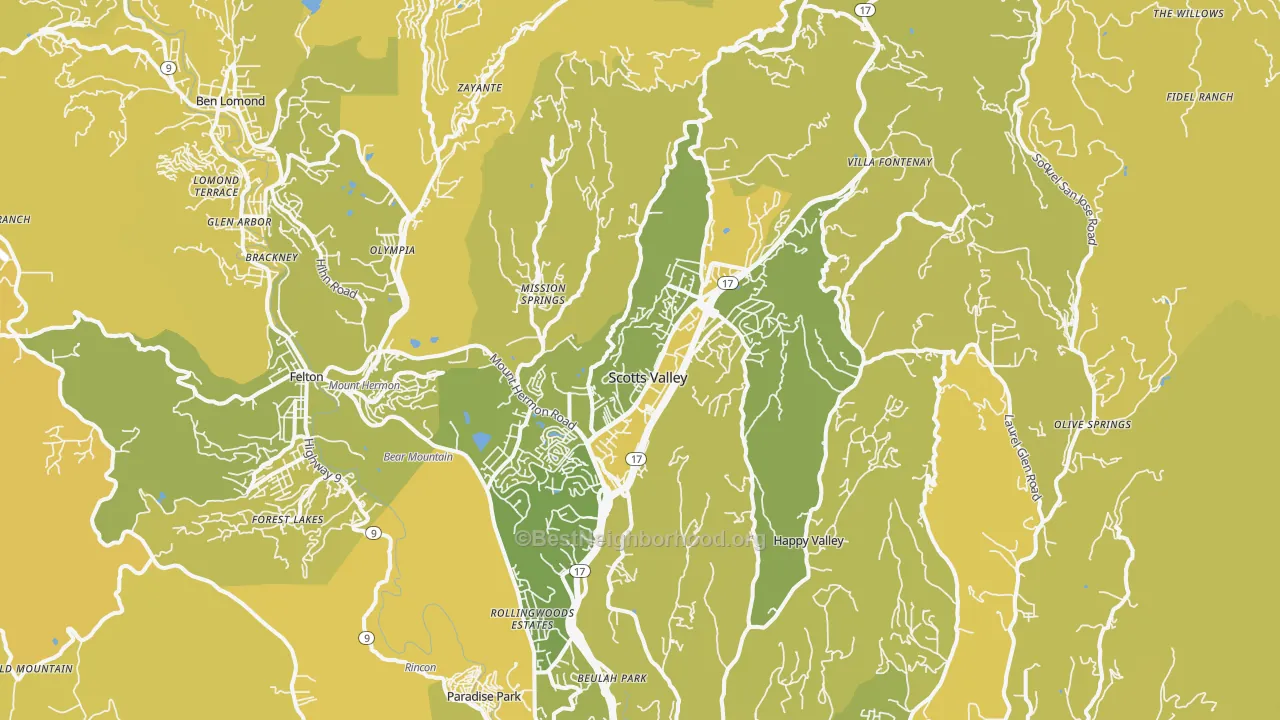 Map of the best neighborhoods in the Scotts Valley area, with better matches in green and worse matches in red