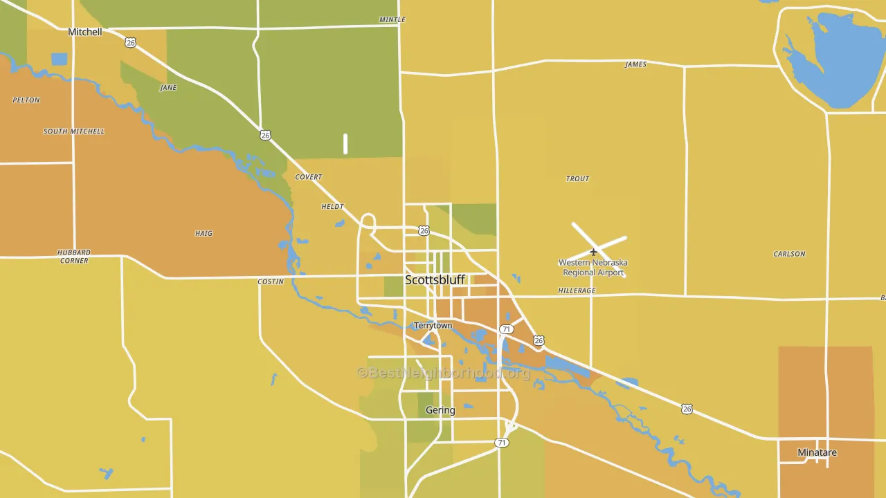 Map of the best neighborhoods in the Scottsbluff area, with better matches in green and worse matches in red