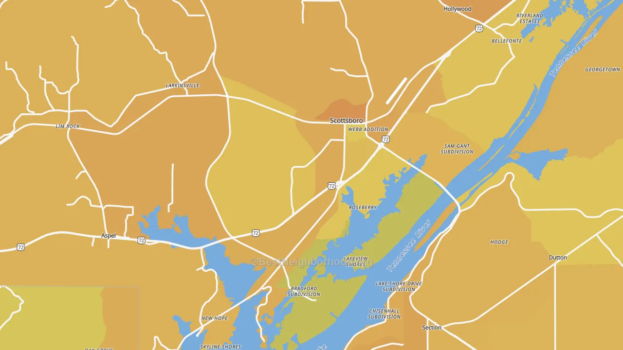 Map of the best neighborhoods in the Scottsboro area, with better matches in green and worse matches in red