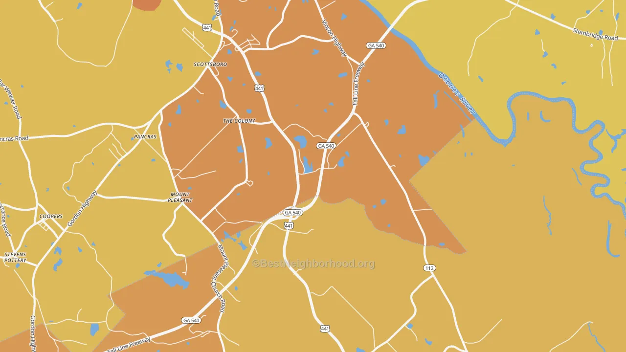 Map of the best neighborhoods in the Scottsboro area, with better matches in green and worse matches in red