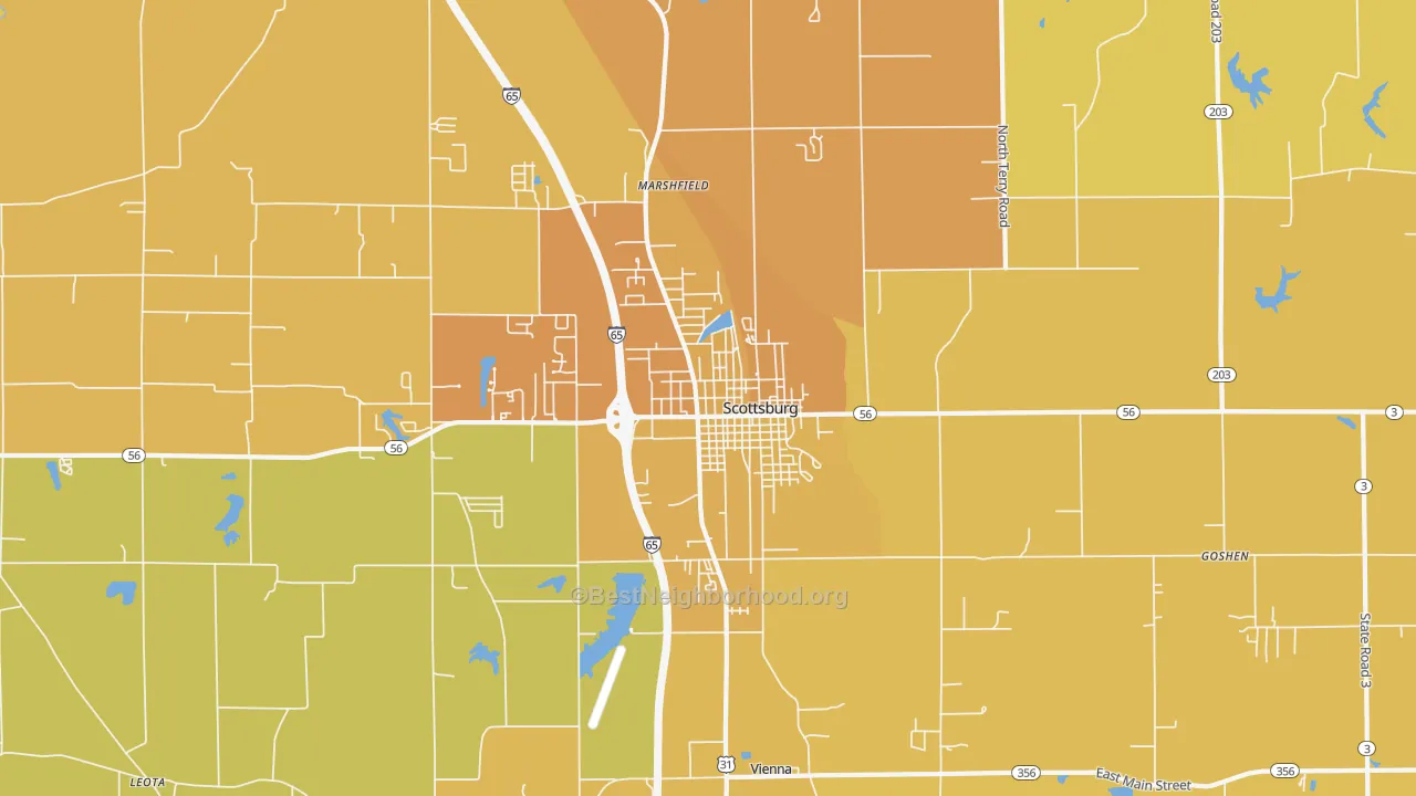 Map of the best neighborhoods in the Scottsburg area, with better matches in green and worse matches in red