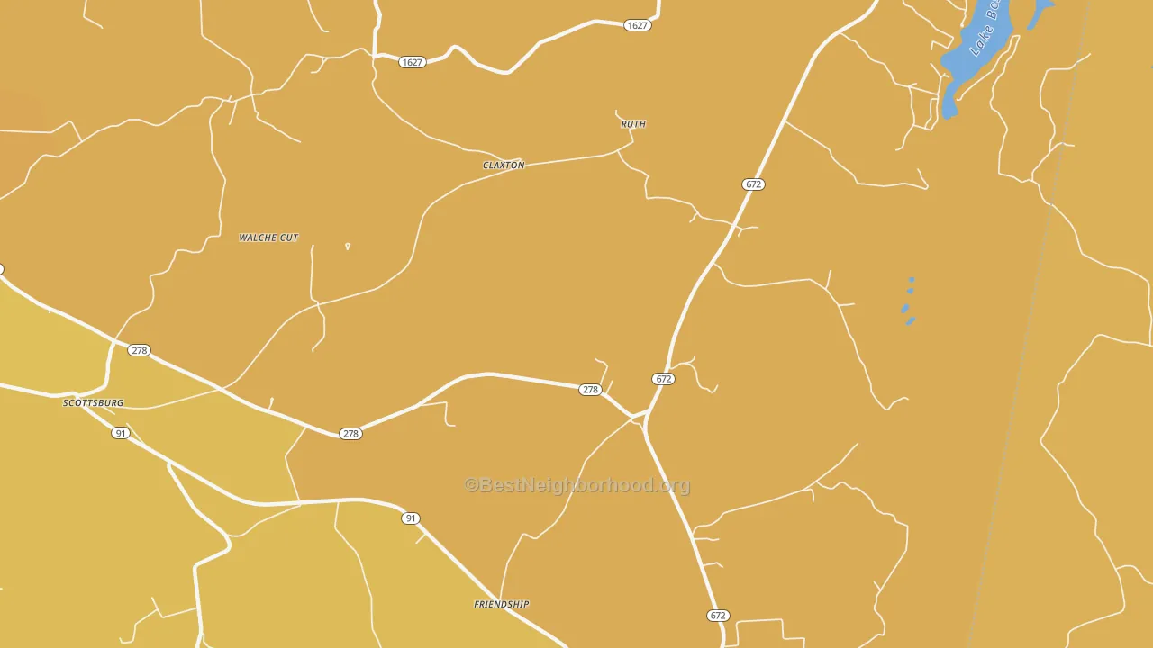 Map of the best neighborhoods in the Scottsburg area, with better matches in green and worse matches in red