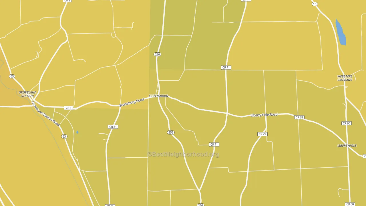 Map of the best neighborhoods in the Scottsburg area, with better matches in green and worse matches in red