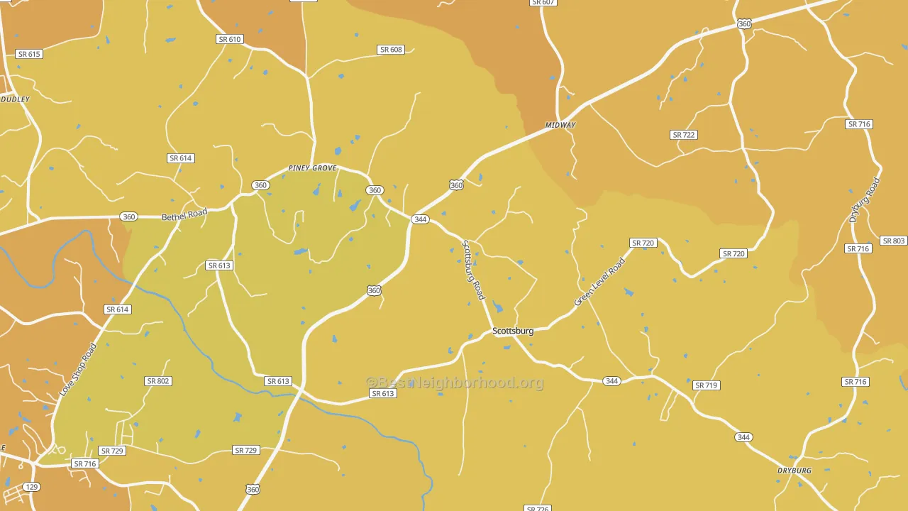Map of the best neighborhoods in the Scottsburg area, with better matches in green and worse matches in red