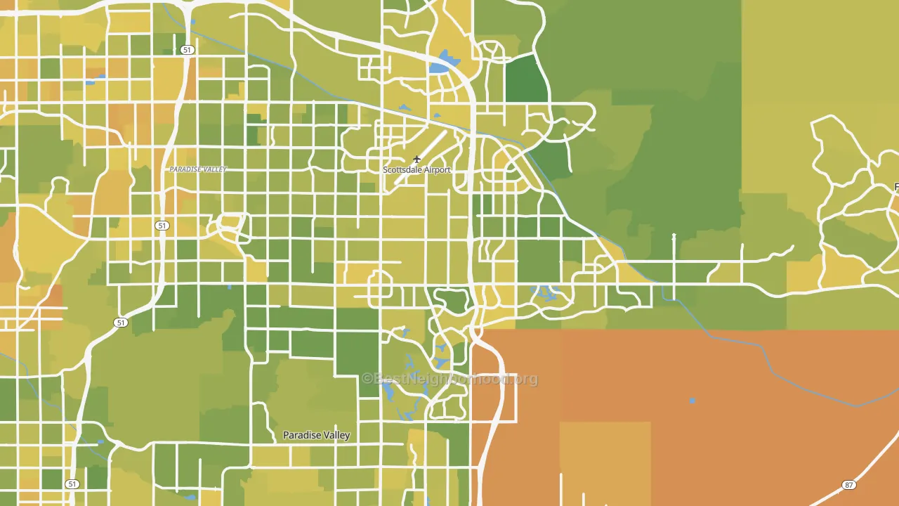 Map of the best neighborhoods in the Scottsdale area, with better matches in green and worse matches in red