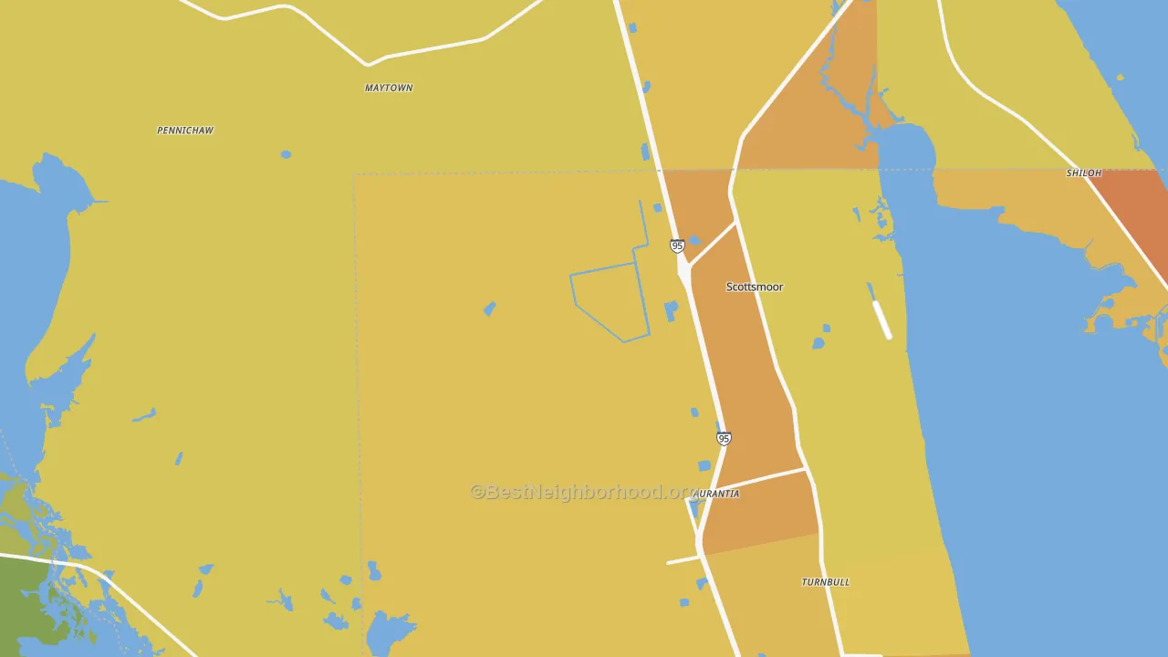 Map of the best neighborhoods in the Scottsmoor area, with better matches in green and worse matches in red