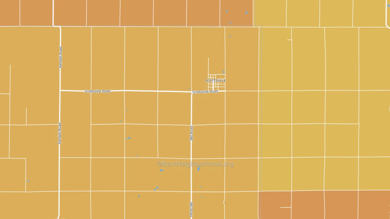 Map of the best neighborhoods in the Scottsville area, with better matches in green and worse matches in red