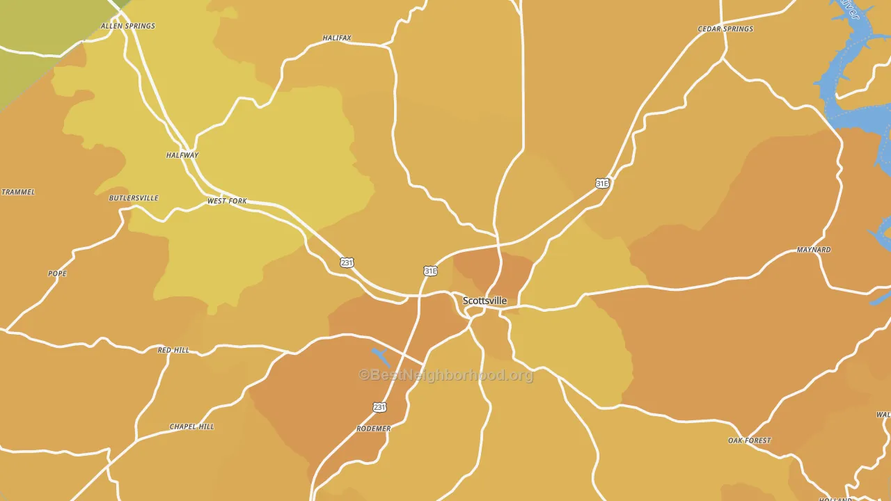 Map of the best neighborhoods in the Scottsville area, with better matches in green and worse matches in red