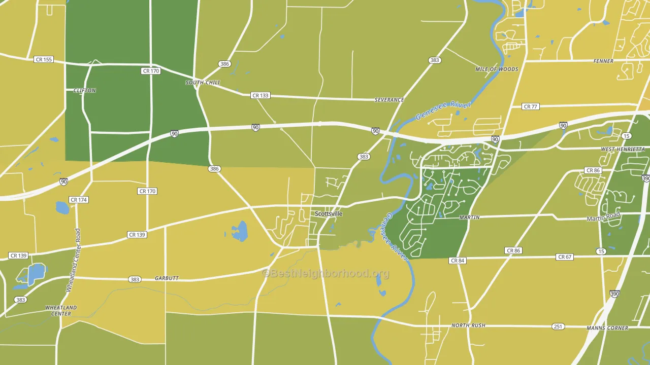 Map of the best neighborhoods in the Scottsville area, with better matches in green and worse matches in red