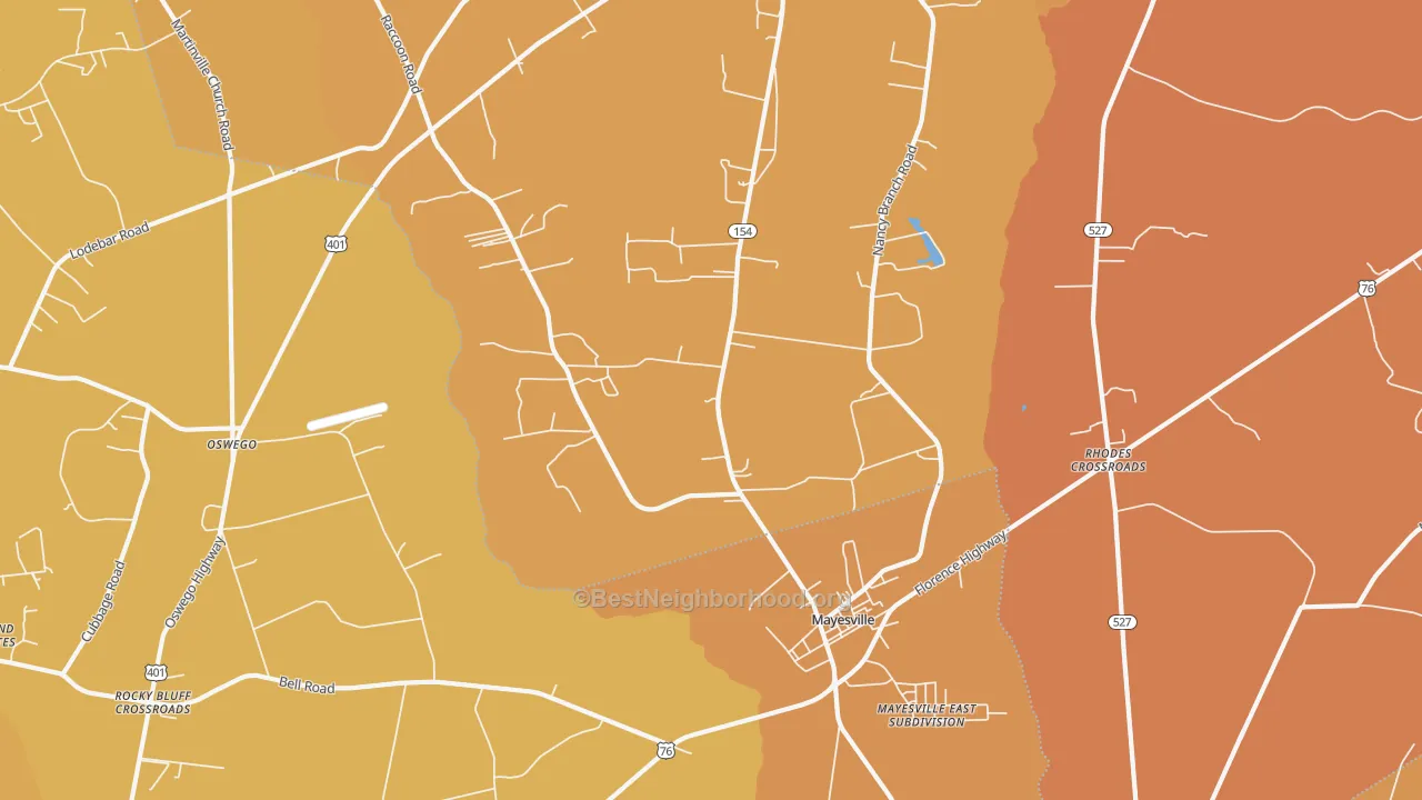 Map of the best neighborhoods in the Scottsville area, with better matches in green and worse matches in red