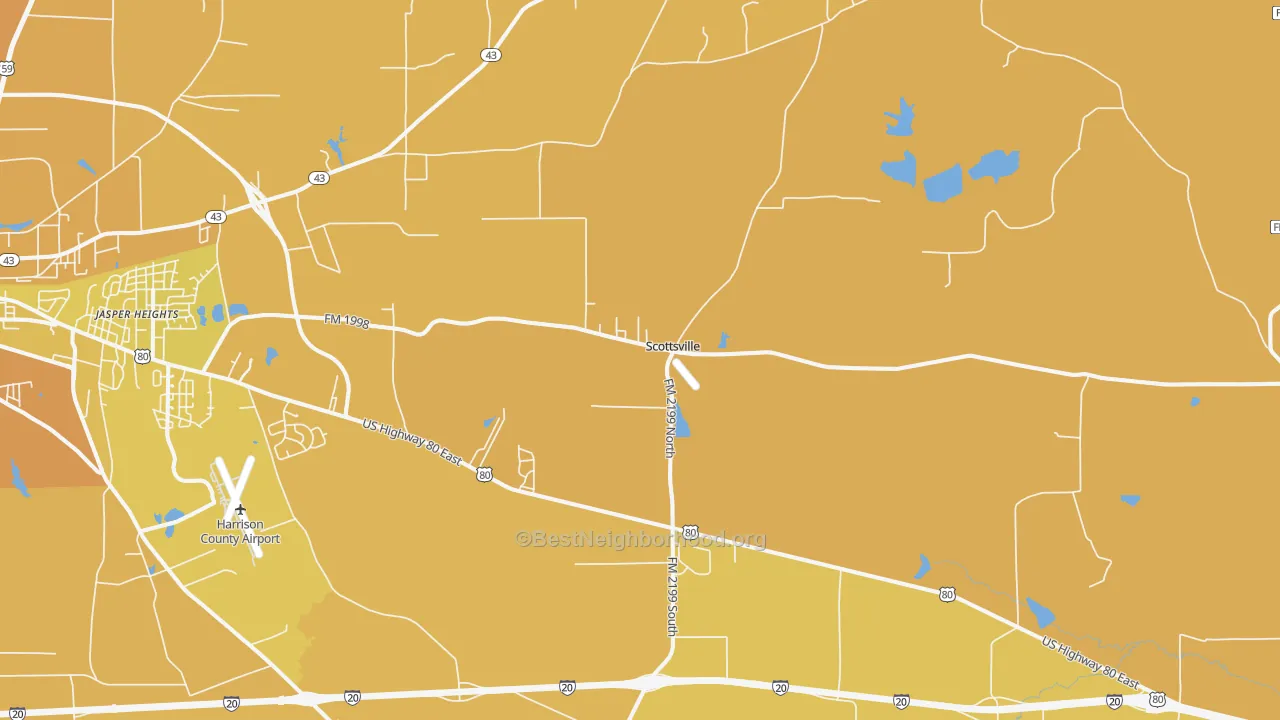 Map of the best neighborhoods in the Scottsville area, with better matches in green and worse matches in red