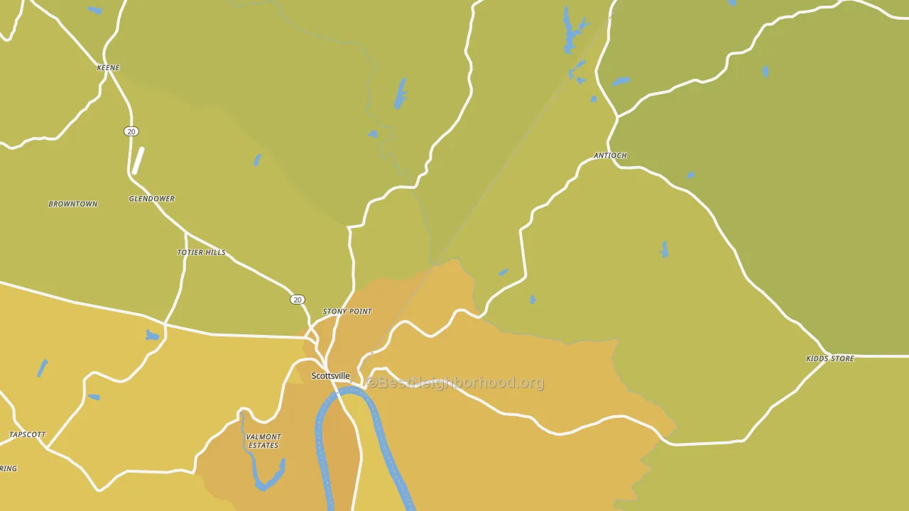 Map of the best neighborhoods in the Scottsville area, with better matches in green and worse matches in red