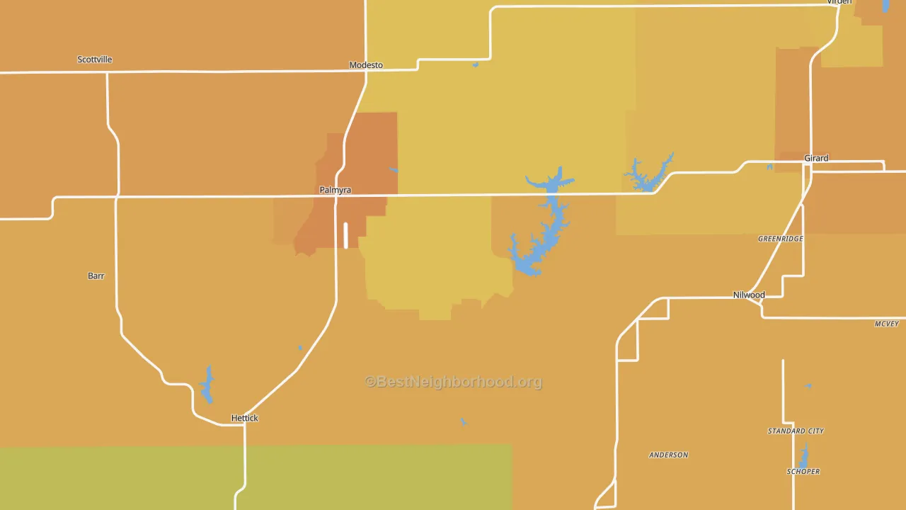 Map of the best neighborhoods in the Scottville area, with better matches in green and worse matches in red