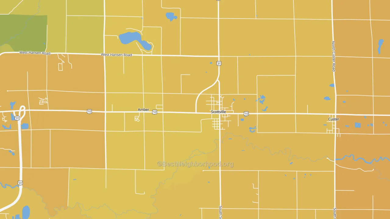 Map of the best neighborhoods in the Scottville area, with better matches in green and worse matches in red