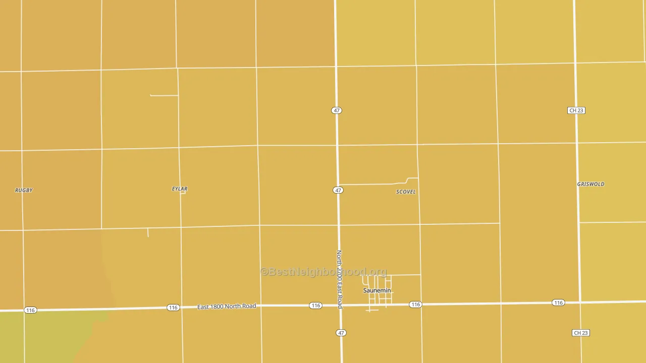Map of the best neighborhoods in the Scovel area, with better matches in green and worse matches in red
