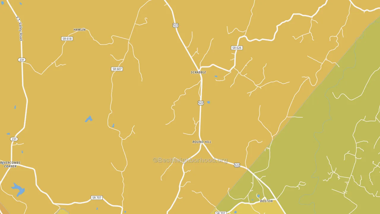 Map of the best neighborhoods in the Scrabble area, with better matches in green and worse matches in red