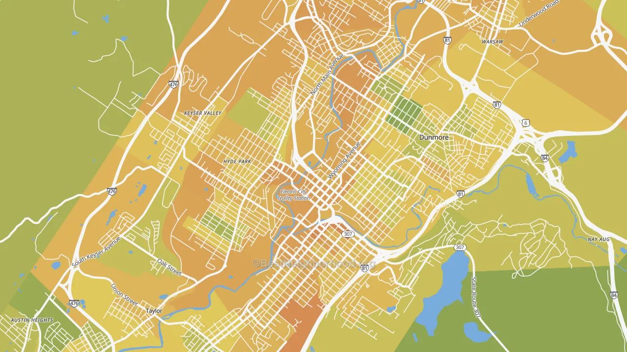 Map of the best neighborhoods in the Scranton Metro area, with better matches in green and worse matches in red