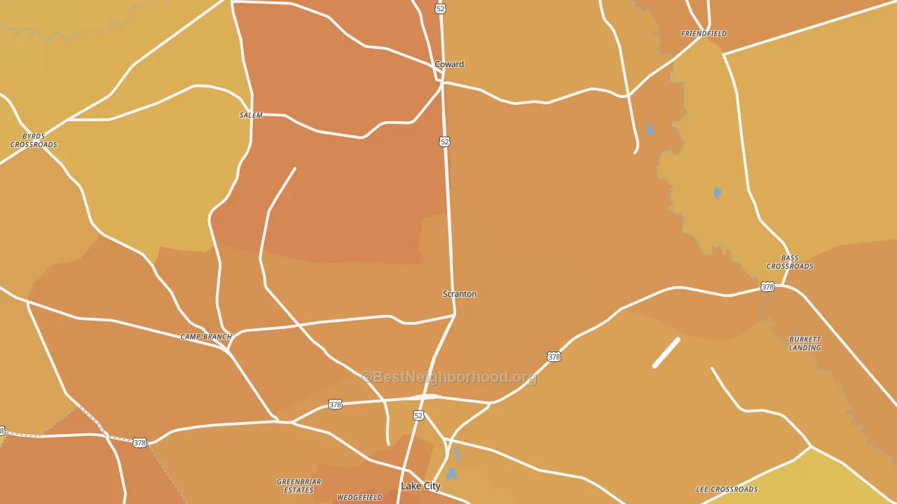 Map of the best neighborhoods in the Scranton area, with better matches in green and worse matches in red
