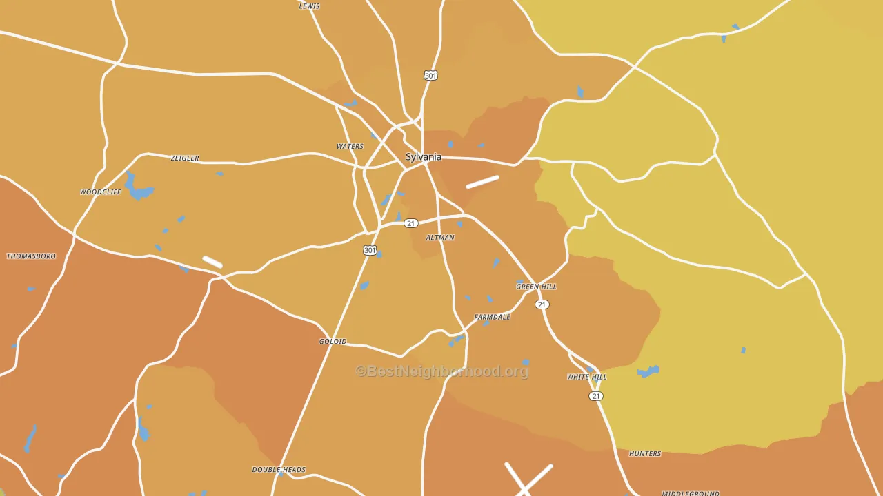Map of the best neighborhoods in the Screven County area, with better matches in green and worse matches in red