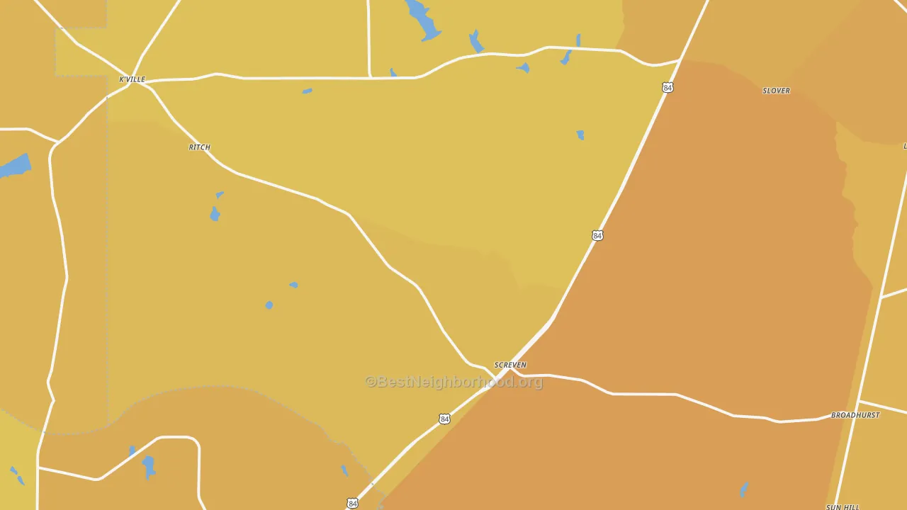 Map of the best neighborhoods in the Screven area, with better matches in green and worse matches in red
