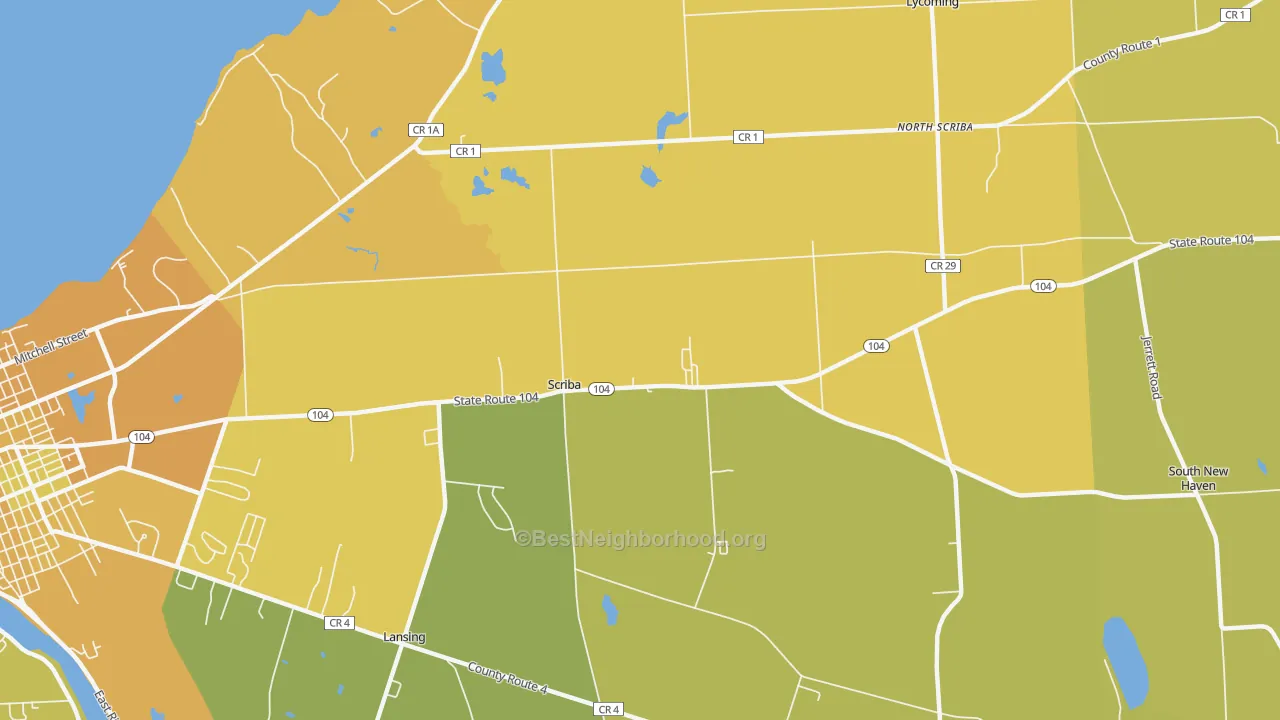 Map of the best neighborhoods in the Scriba Center area, with better matches in green and worse matches in red