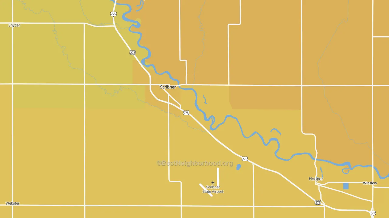 Map of the best neighborhoods in the Scribner area, with better matches in green and worse matches in red