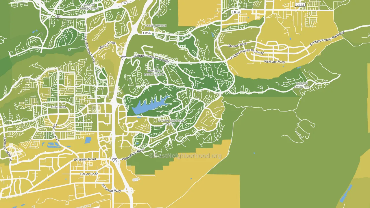 Map of the best neighborhoods in the Scripps Ranch, San Diego area, with better matches in green and worse matches in red