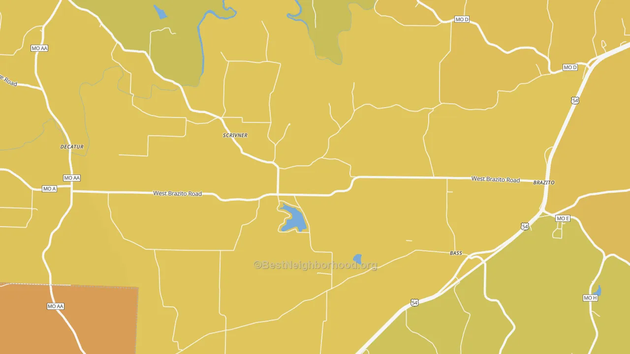 Map of the best neighborhoods in the Scrivner area, with better matches in green and worse matches in red