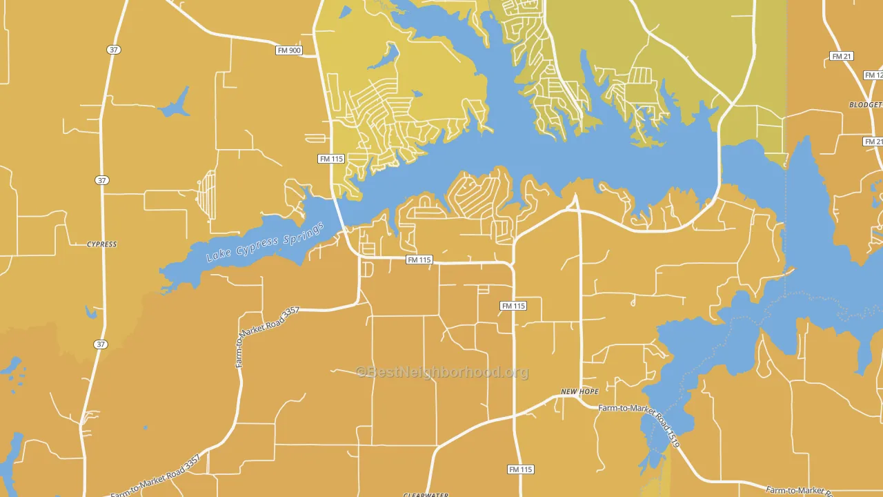 Map of the best neighborhoods in the Scroggins area, with better matches in green and worse matches in red
